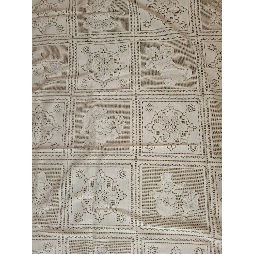 Vintage Artex Lace Winter Scene Obling 60x90 Tablecloth Ivory Christmas
